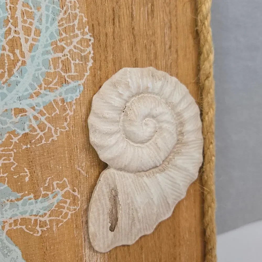 Wooden Coastal Wall Art Decor Rope Trim, Shells, Coral Prints 9.5